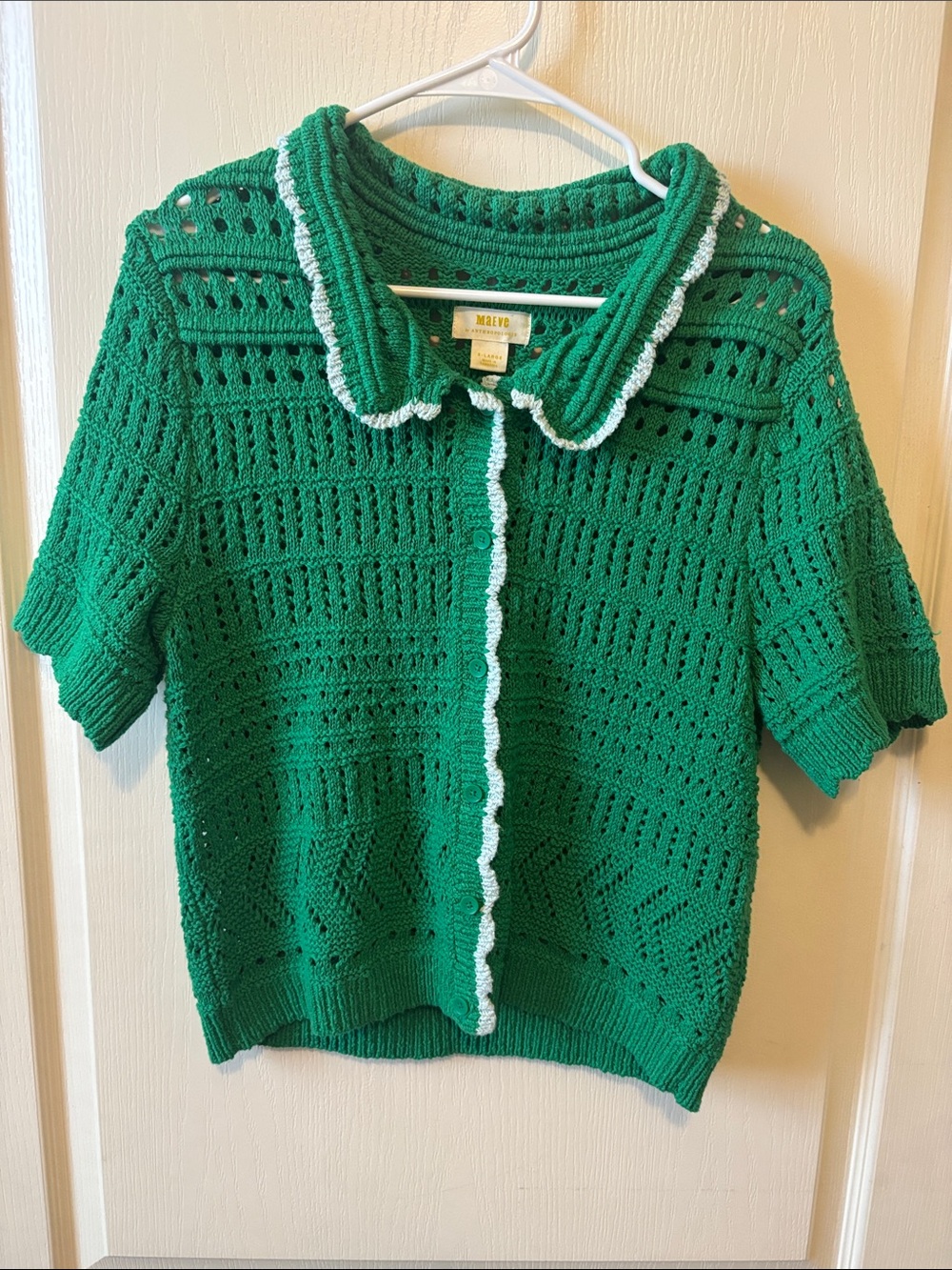 Maeve Green Crochet Knit Short-Sleeve Sweater with White Trim